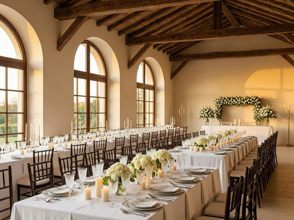 Sala ricevimenti allestita per una cena di gala